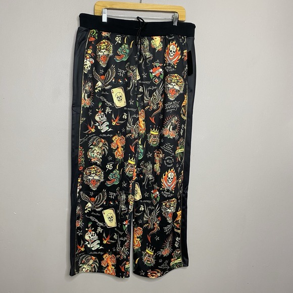 Ed Hardy Flashboard Track Pant Black Gold Embroidered Size XL Tiger‎ Skull Print